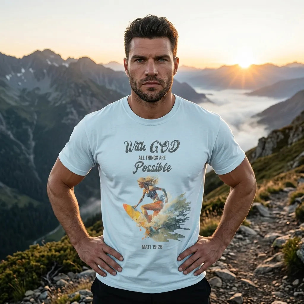 With God All Things Are Possible T-Shirt For Him — Matthew 19:26 Christian Surf Tee
