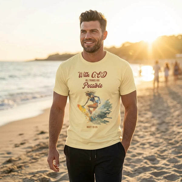 With God All Things Are Possible T-Shirt For Him — Matthew 19:26 Christian Surf Tee
