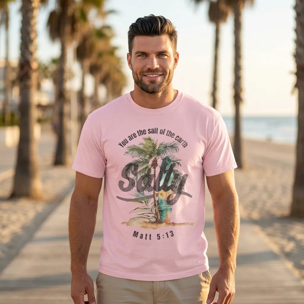 Stay Salty Palm T-Shirt For Him — Matthew 5:13 Christian Coastal Tee