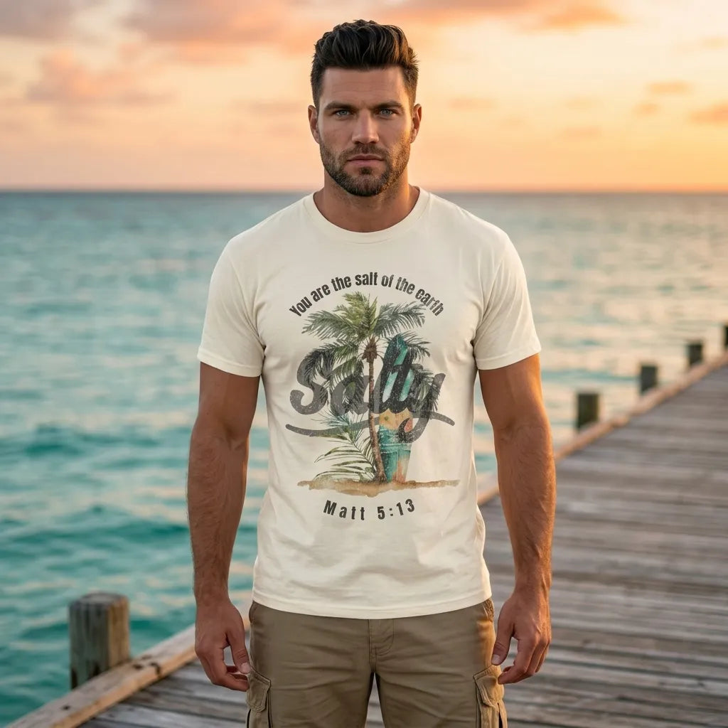 Stay Salty Palm T-Shirt For Him — Matthew 5:13 Christian Coastal Tee