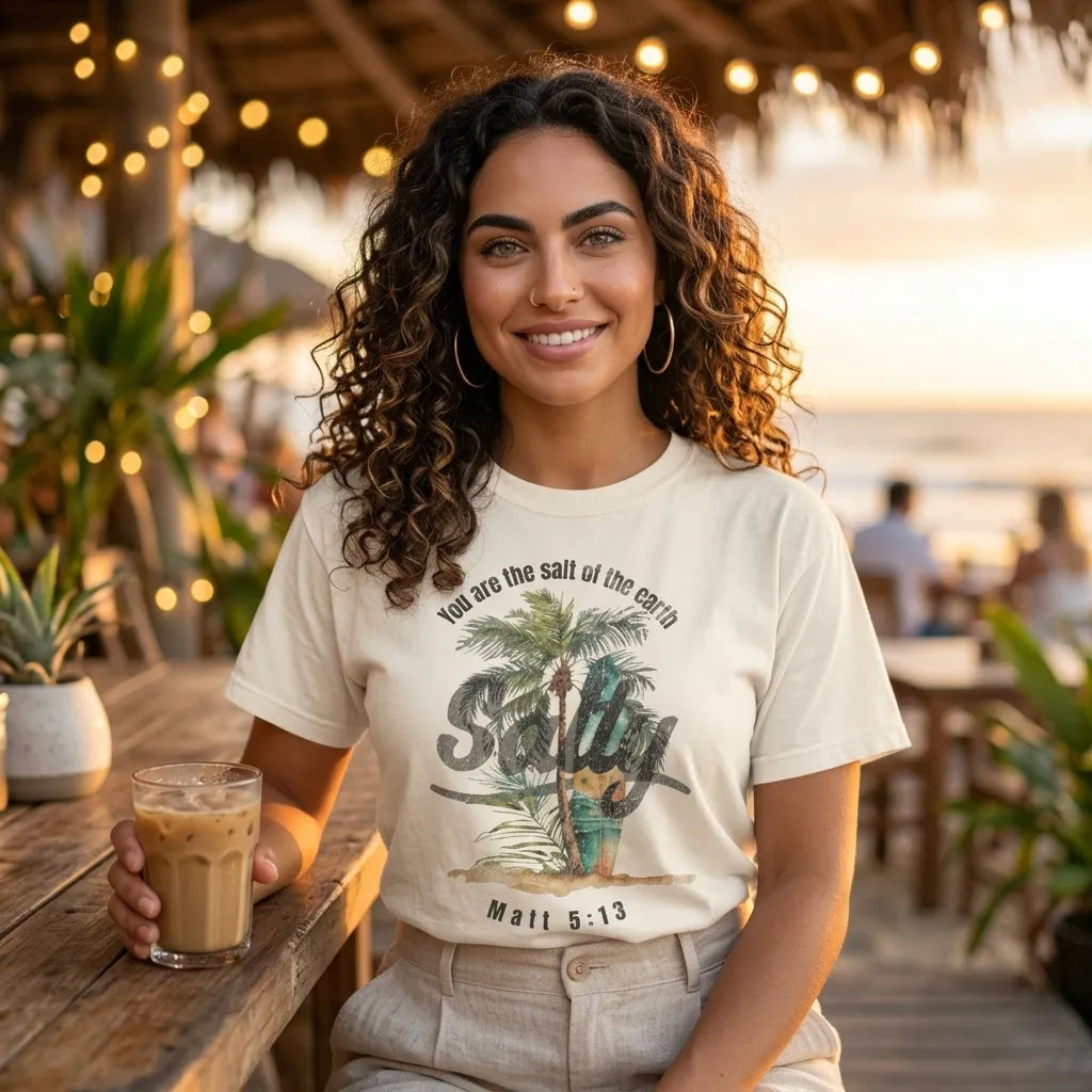 Stay Salty Palm T-Shirt For Her — Matthew 5:13 Christian Coastal Tee