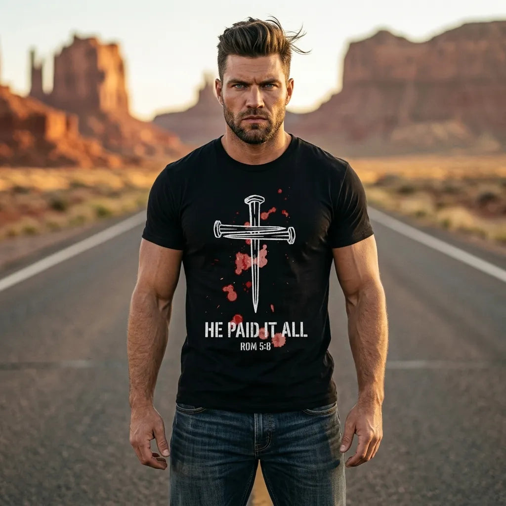"He Paid It All" Nail Cross T-Shirt For Him — Romans 5:8 Christian Tee
