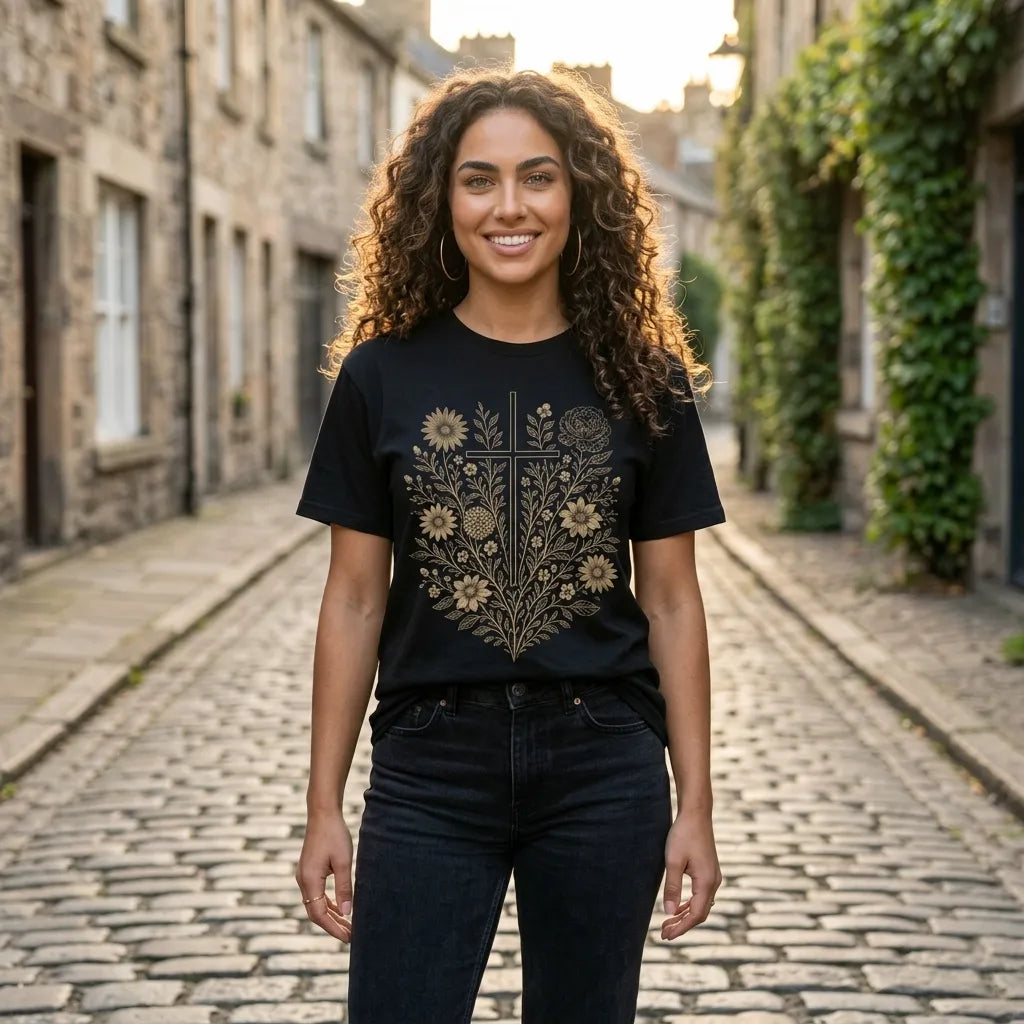 Floral Cross T-Shirt For Her — Vintage Botanical Christian Faith Tee