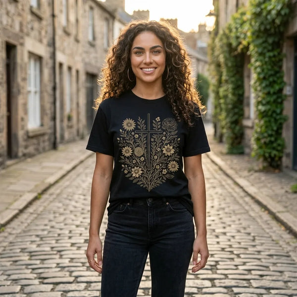 Floral Cross T-Shirt For Her — Vintage Botanical Christian Faith Tee