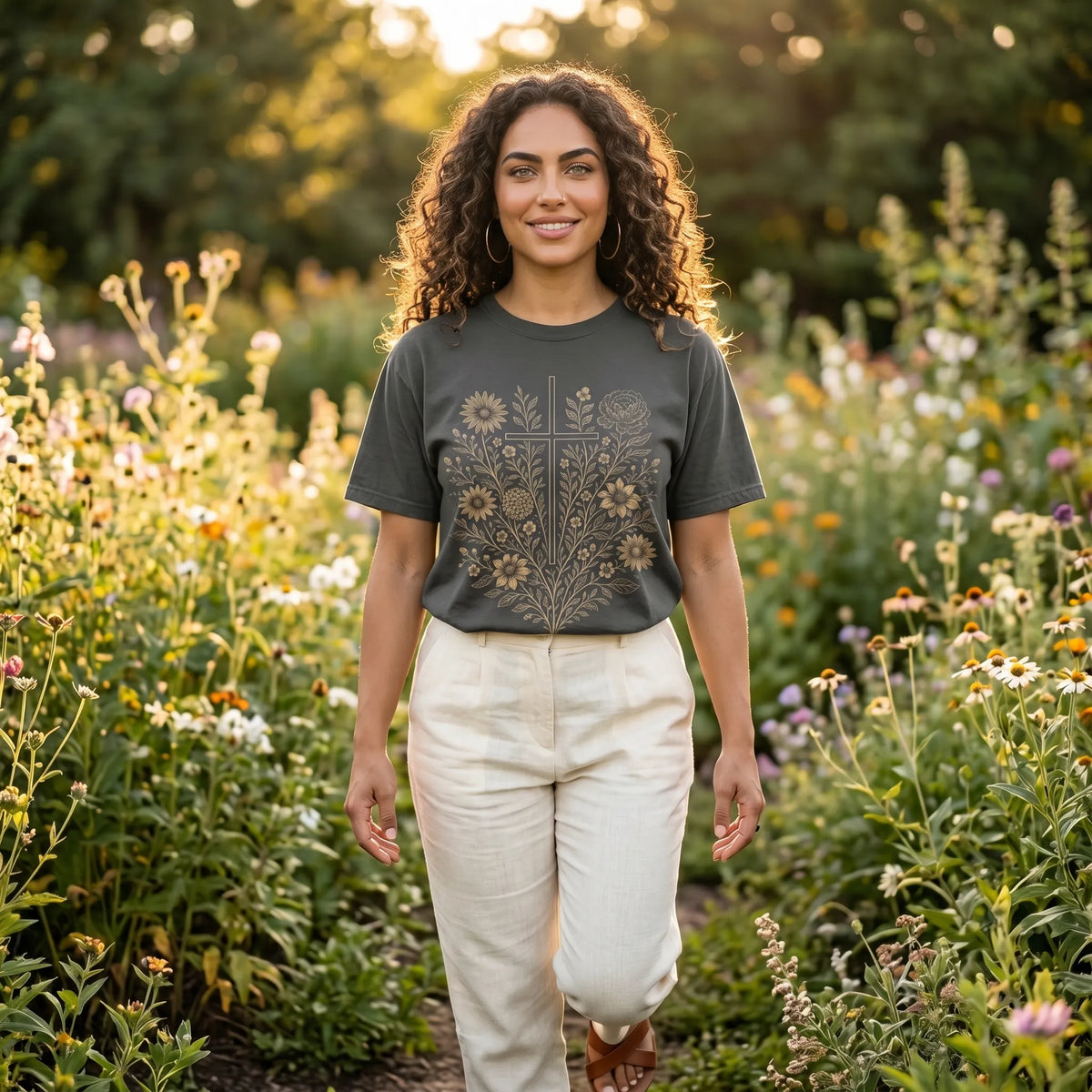 Floral Cross T-Shirt For Her — Vintage Botanical Christian Faith Tee