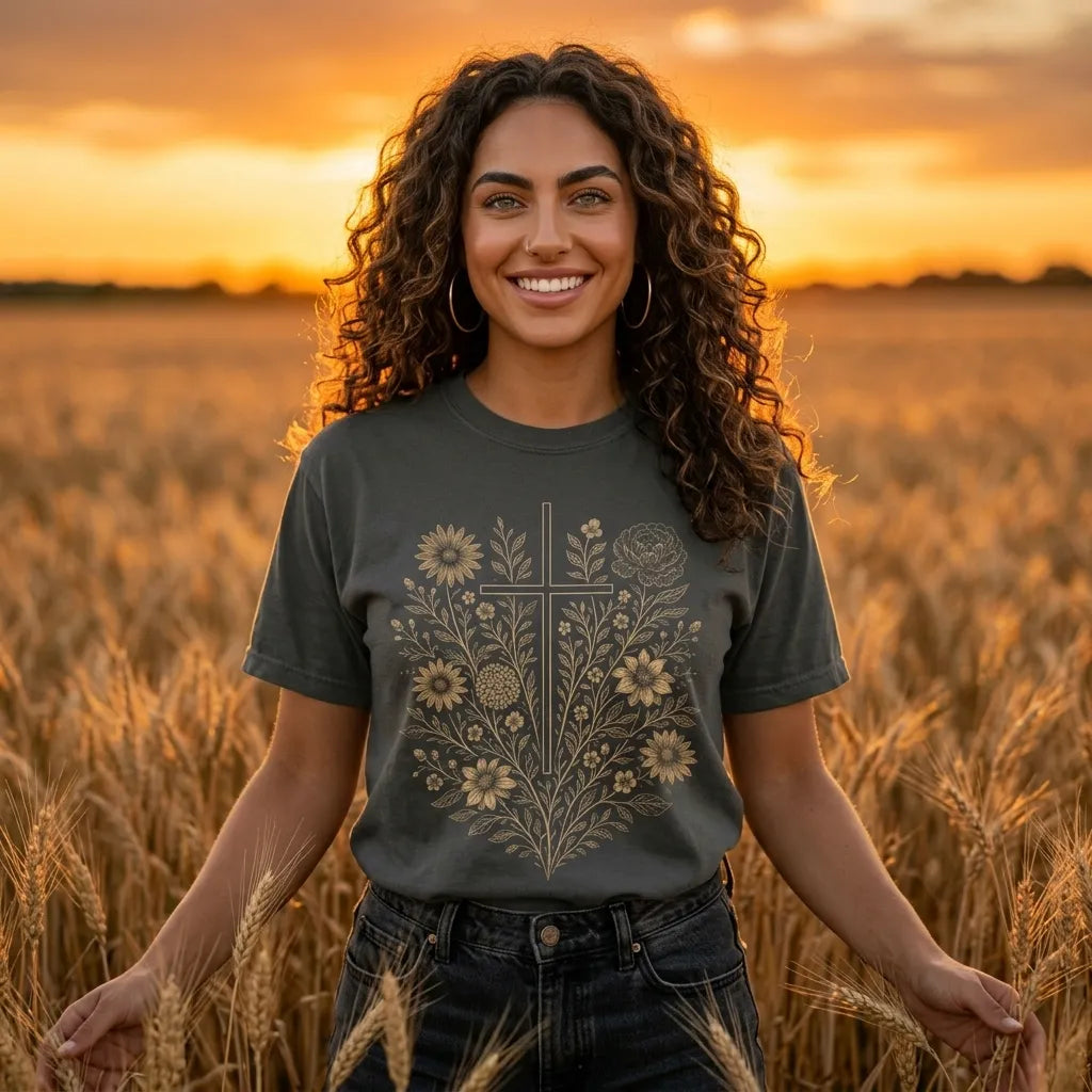 Floral Cross T-Shirt For Her — Vintage Botanical Christian Faith Tee