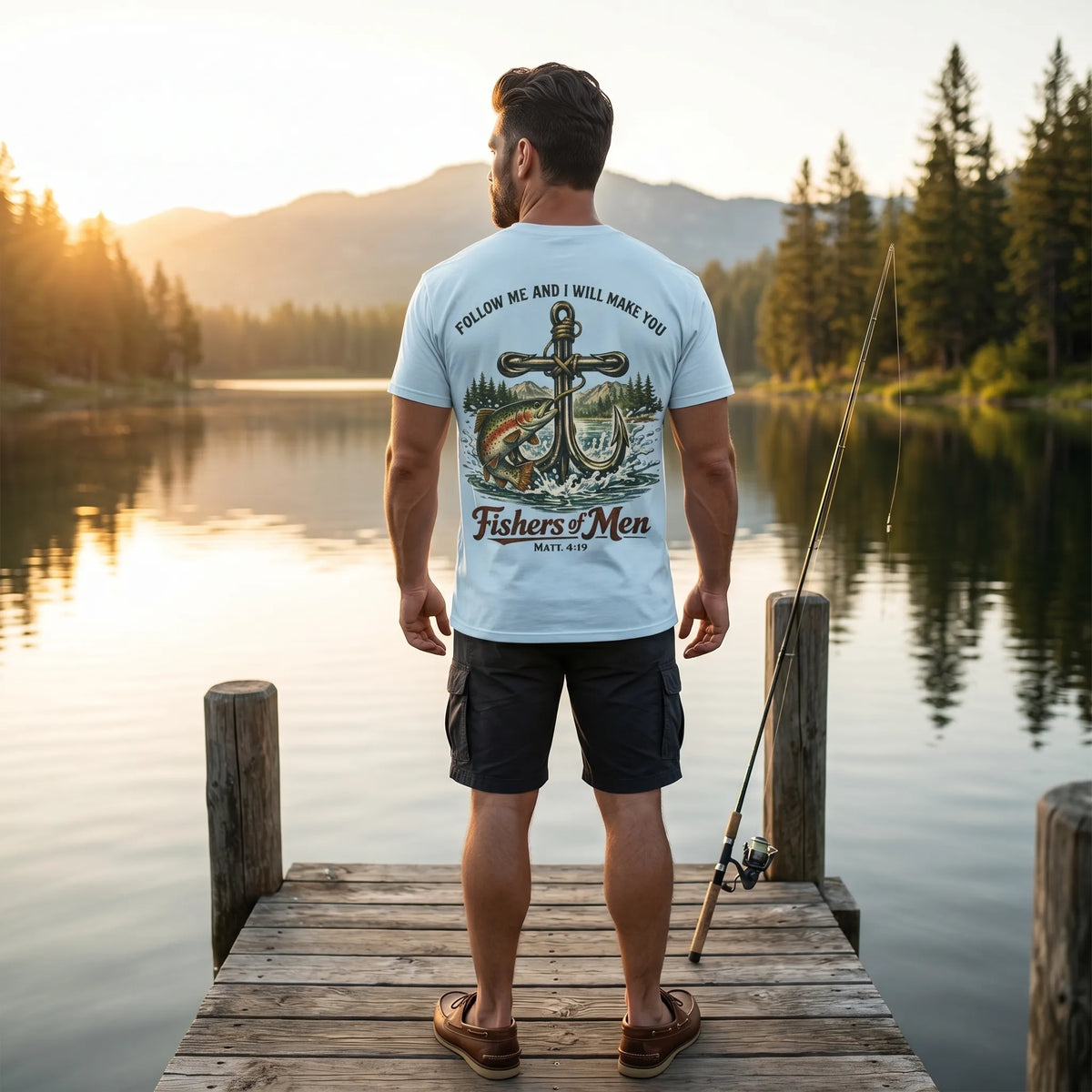 Fishers of Men T-Shirt For Him — Bass Fish Christian Fishing Tee (Mark 4:19)