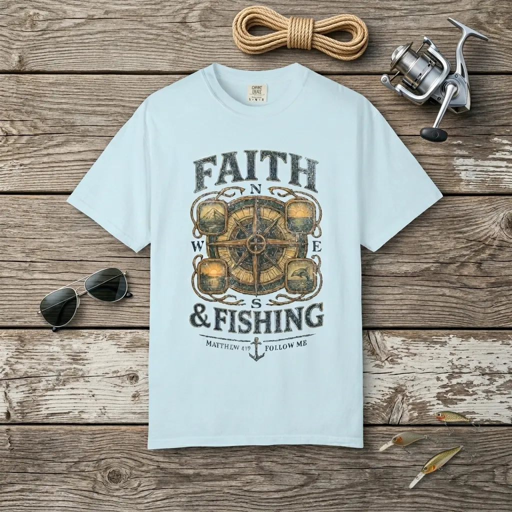 Faith & Fishing T-Shirt For Him — Nautical Compass Christian Fishing Tee