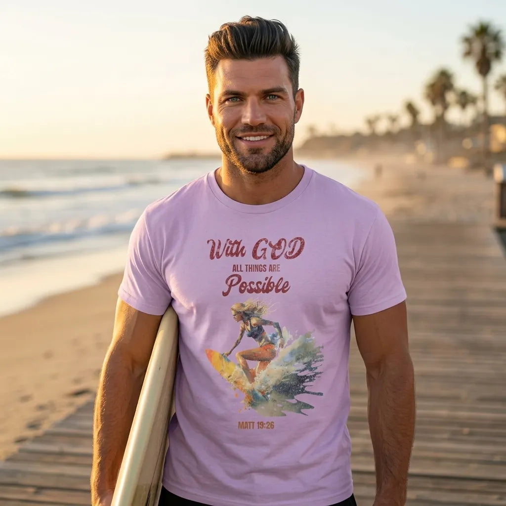 With God All Things Are Possible T-Shirt For Him — Matthew 19:26 Christian Surf Tee