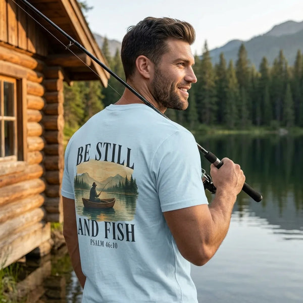 Be Still and Fish T-Shirt For Him — Psalm 46:10 Christian Fishing Graphic Tee