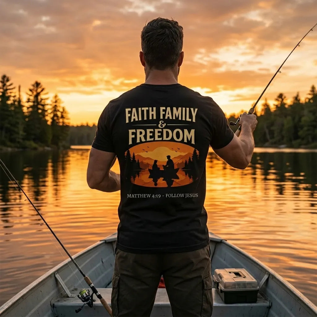 Faith, Family & Fishing T-Shirt For Him — Matthew 4:19 Christian Fishing Tee
