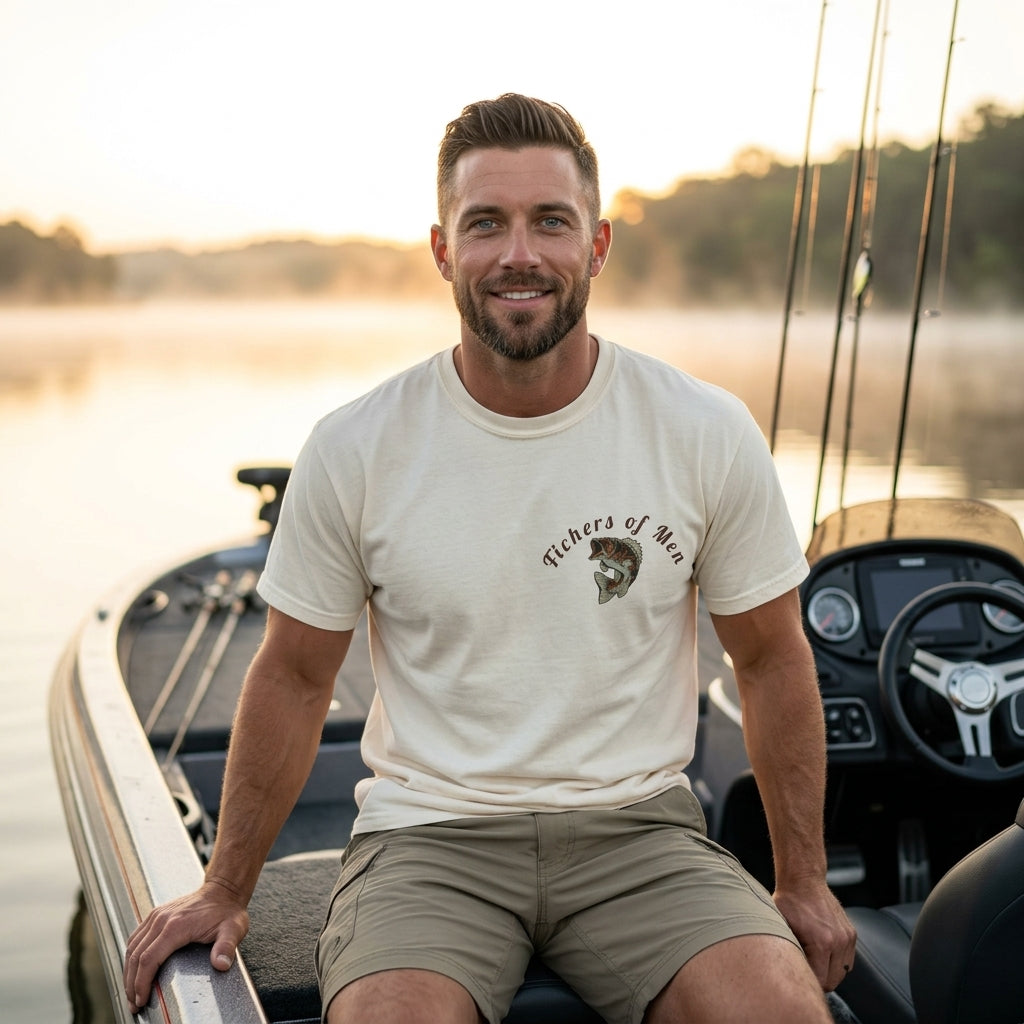 Fishers of Men T-Shirt For Him — Bass Fish Christian Fishing Tee (Mark 4:19)