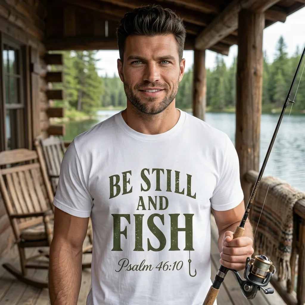 Be Still and Fish Garment-Dyed T-Shirt For Him — Psalm 46:10 Christian Fishing Tee (Comfort Colors)