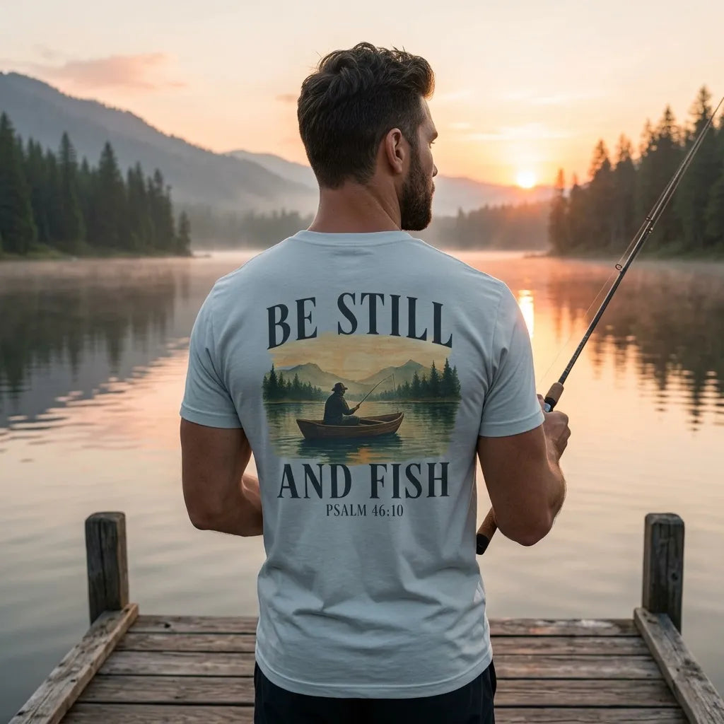 Be Still and Fish T-Shirt For Him — Psalm 46:10 Christian Fishing Graphic Tee