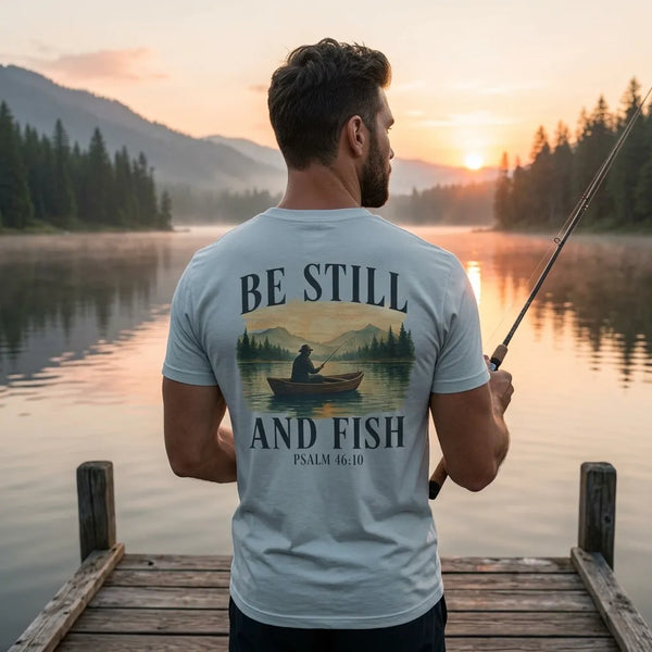 Be Still and Fish T-Shirt For Him — Psalm 46:10 Christian Fishing Graphic Tee