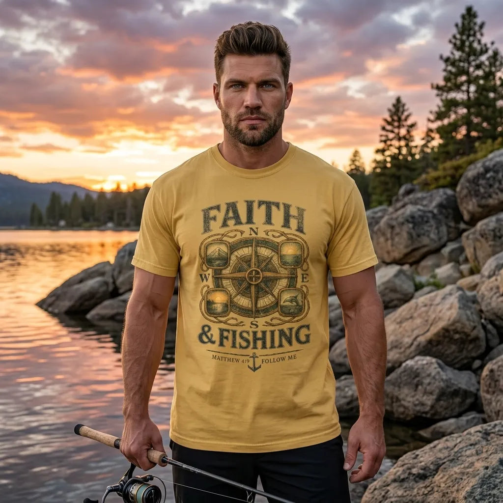 Faith & Fishing T-Shirt For Him — Nautical Compass Christian Fishing Tee