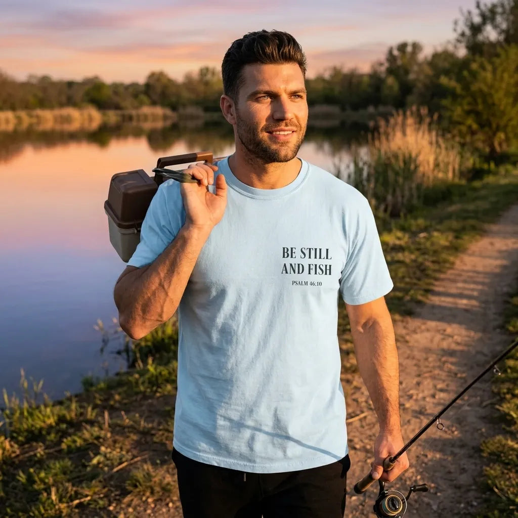 Be Still and Fish T-Shirt For Him — Psalm 46:10 Christian Fishing Graphic Tee