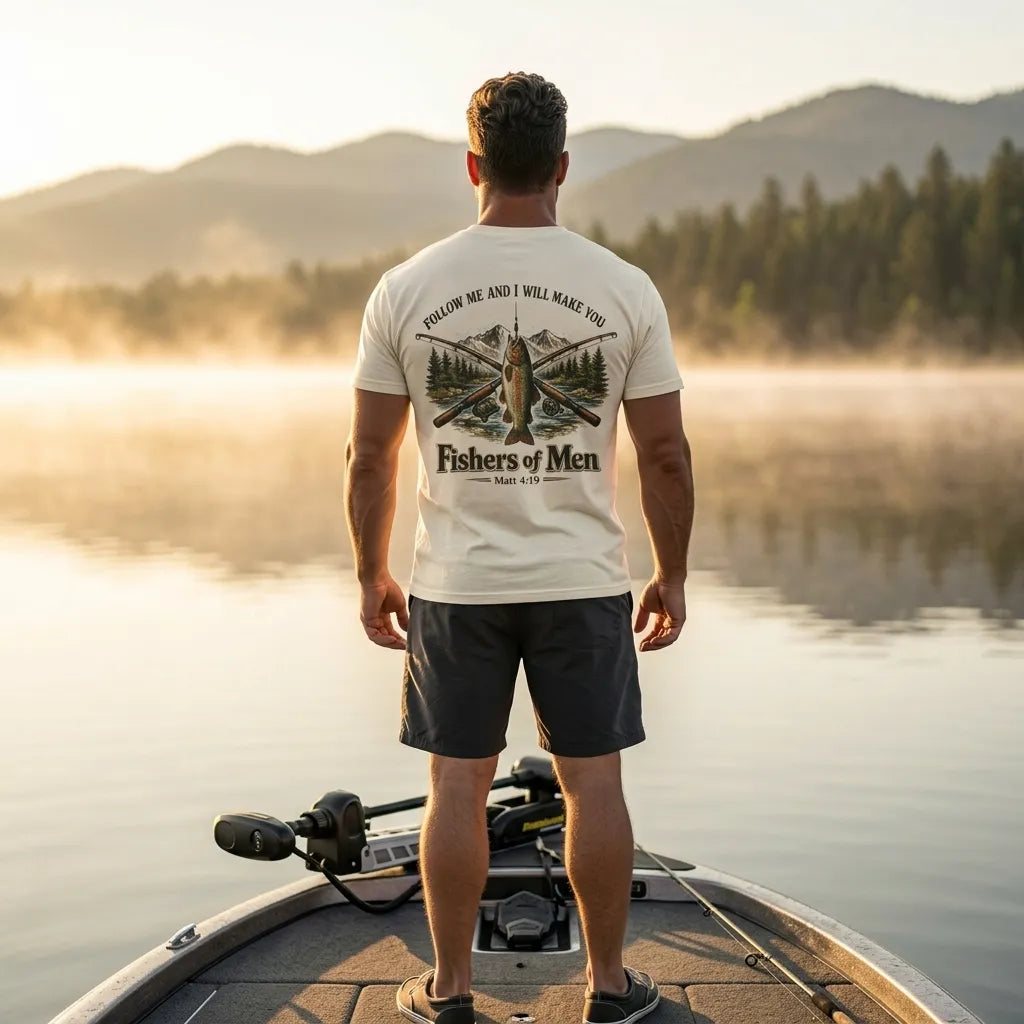 Fishers of Men T-Shirt For Him — Crossed Rods Christian Fishing Tee (Mark 4:19)