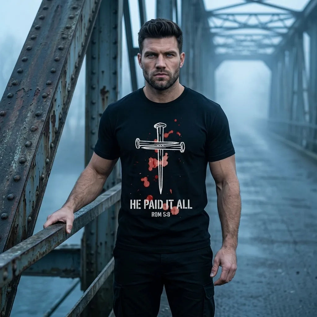 "He Paid It All" Nail Cross T-Shirt For Him — Romans 5:8 Christian Tee