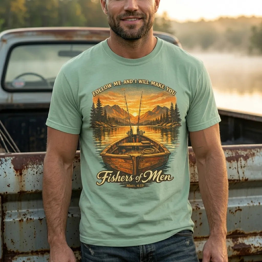"Fishers of Men" Boat Sunset T-Shirt For Him — Matthew 4:19 Christian Tee