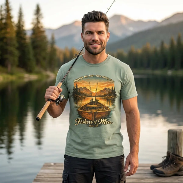 "Fishers of Men" Boat Sunset T-Shirt For Him — Matthew 4:19 Christian Tee