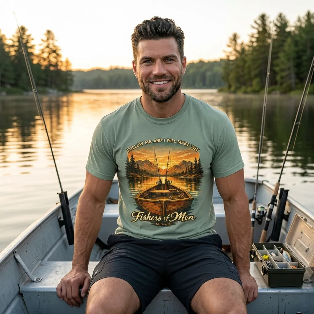 "Fishers of Men" Boat Sunset T-Shirt For Him — Matthew 4:19 Christian Tee