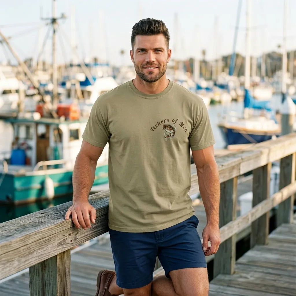 Fishers of Men T-Shirt For Him — Bass Fish Christian Fishing Tee (Mark 4:19)