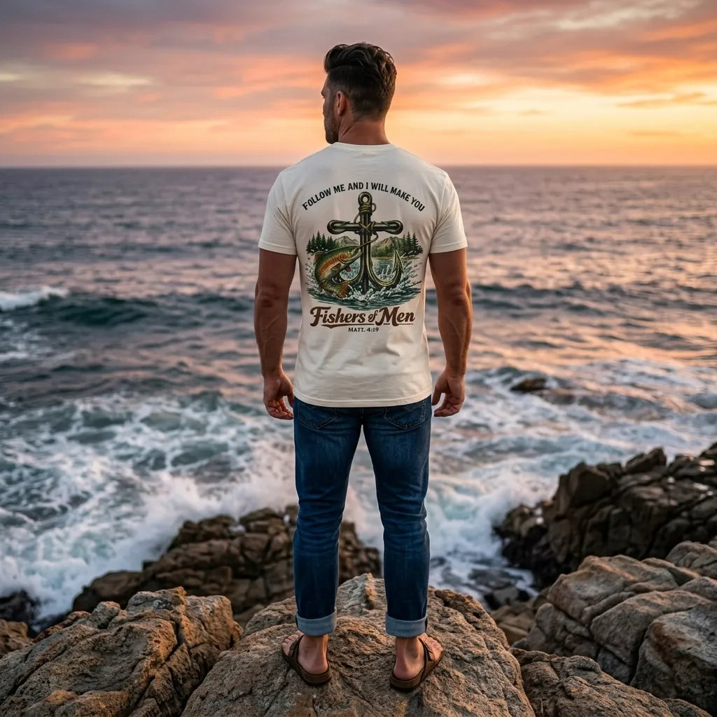 Fishers of Men T-Shirt For Him — Bass Fish Christian Fishing Tee (Mark 4:19)