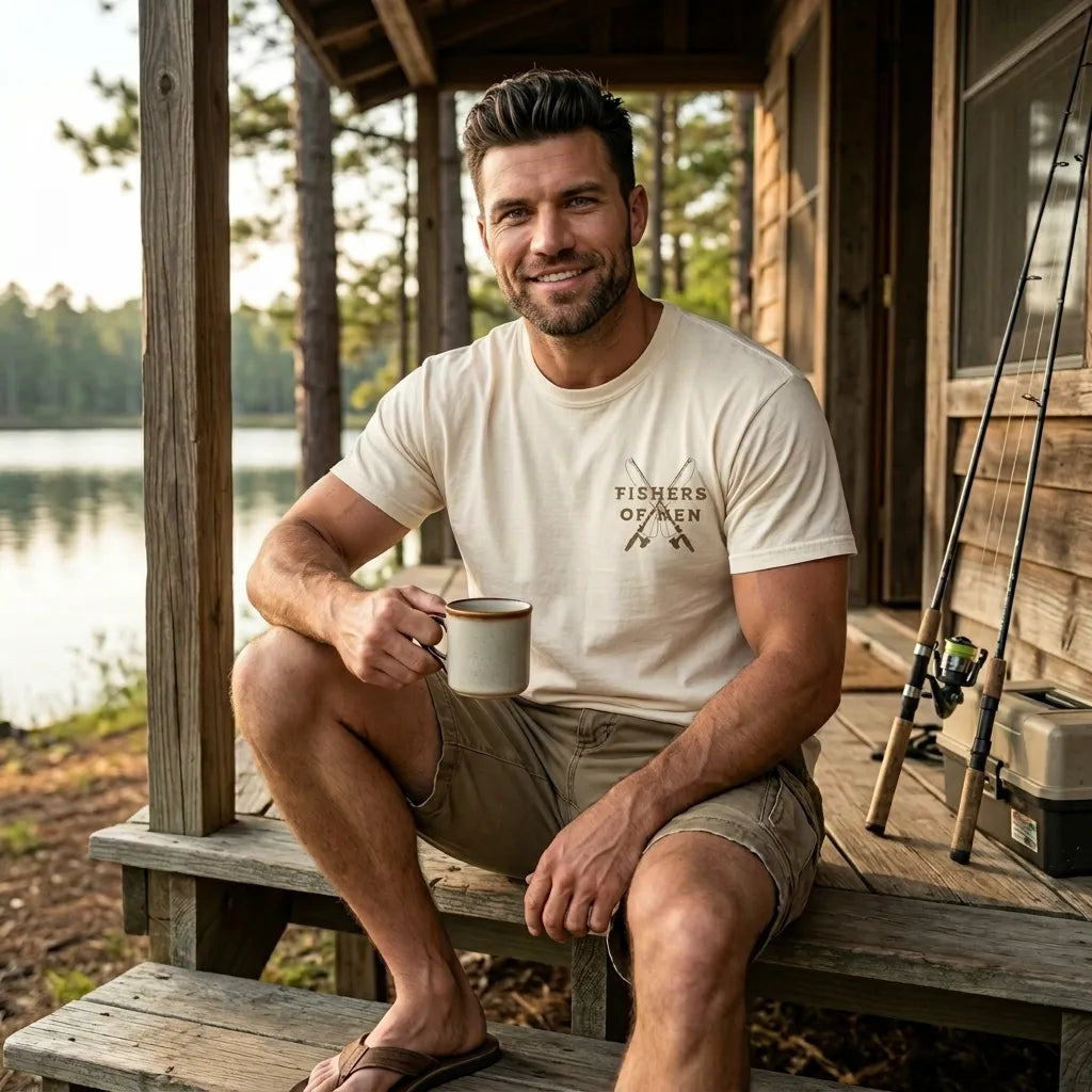Fishers of Men T-Shirt For Him — Crossed Rods Christian Fishing Tee (Mark 4:19)
