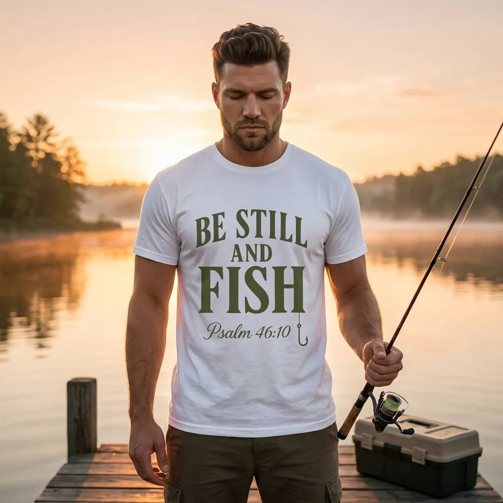 Be Still and Fish Garment-Dyed T-Shirt For Him — Psalm 46:10 Christian Fishing Tee (Comfort Colors)