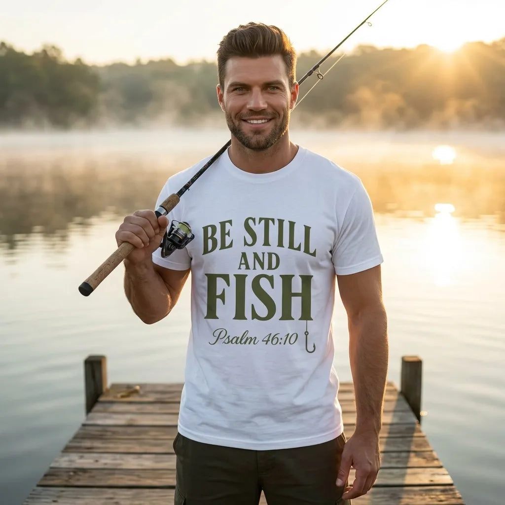 Be Still and Fish Garment-Dyed T-Shirt For Him — Psalm 46:10 Christian Fishing Tee (Comfort Colors)
