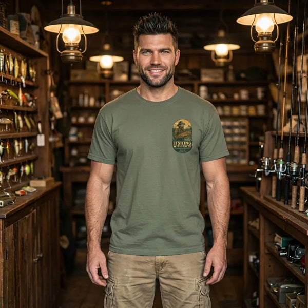 Fishing With Faith T-Shirt For Him — Vintage Angler Christian Tee