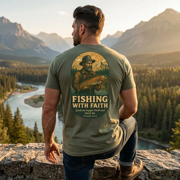 Fishing With Faith T-Shirt For Him — Vintage Angler Christian Tee