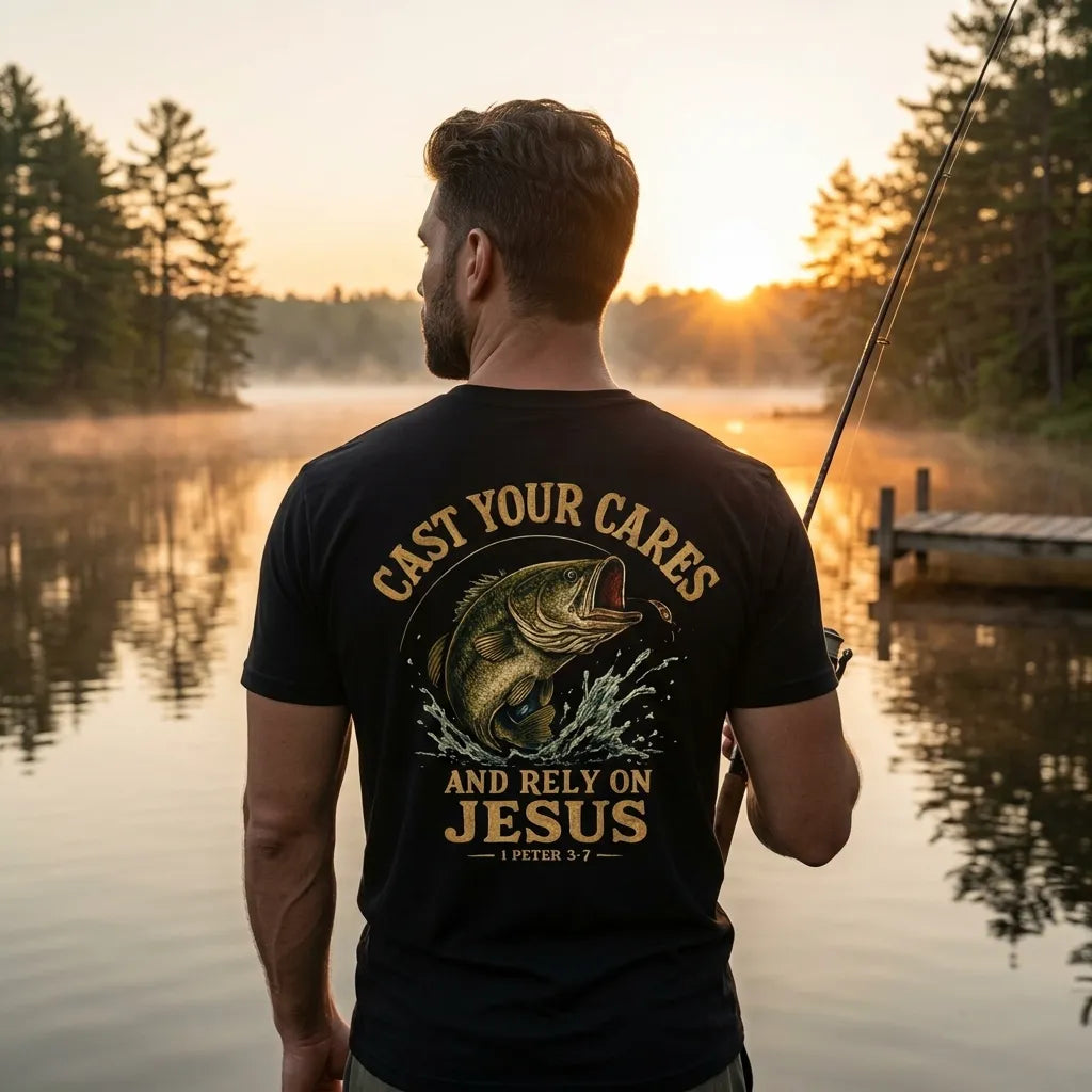Cast Your Cares Fishing T-Shirt For Him — 1 Peter 5:7 Christian Faith Fishing Tee