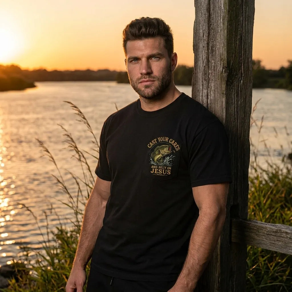 Cast Your Cares Fishing T-Shirt For Him — 1 Peter 5:7 Christian Faith Fishing Tee
