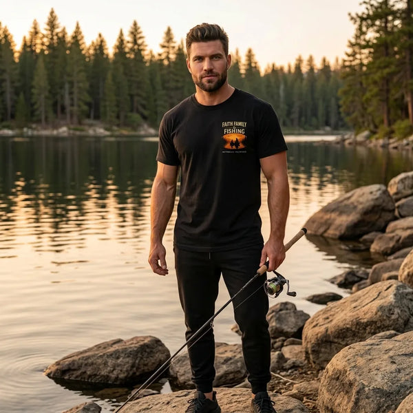 Faith, Family & Fishing T-Shirt For Him — Matthew 4:19 Christian Fishing Tee