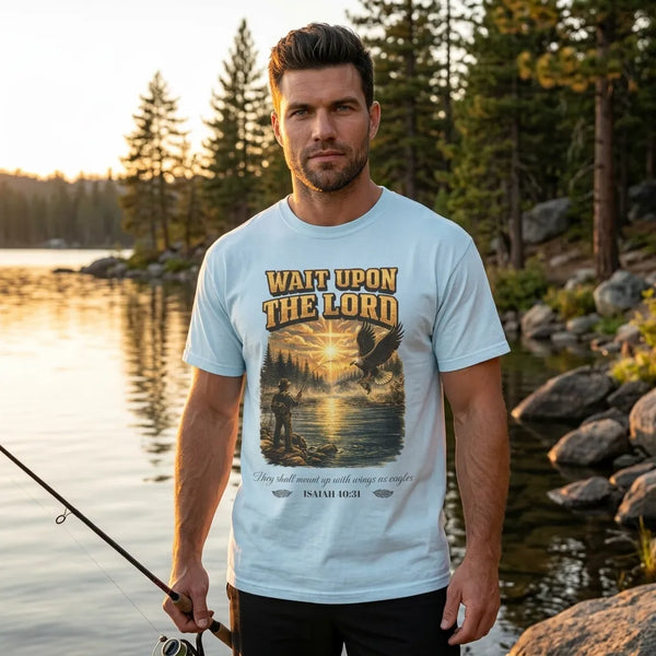 Wait Upon The Lord T-Shirt For Him — Isaiah 40:31 Christian Fishing Tee