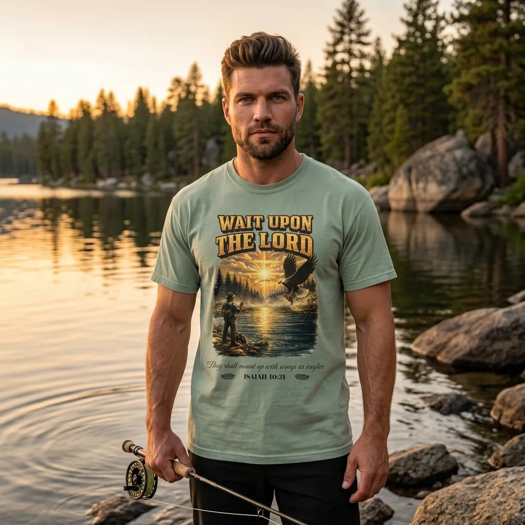 Wait Upon The Lord T-Shirt For Him — Isaiah 40:31 Christian Fishing Tee