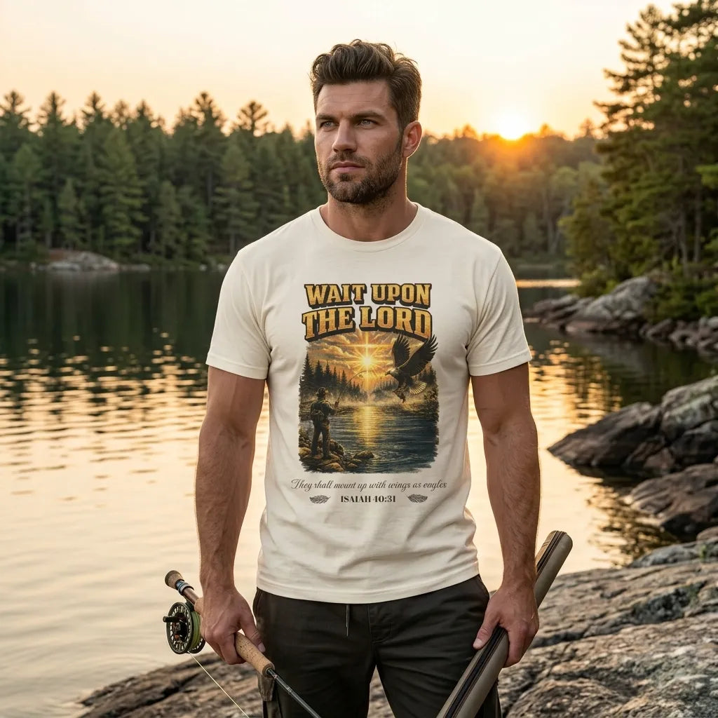 Wait Upon The Lord T-Shirt For Him — Isaiah 40:31 Christian Fishing Tee