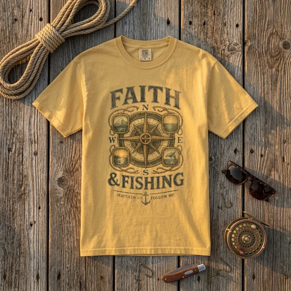 Faith & Fishing T-Shirt For Him — Nautical Compass Christian Fishing Tee