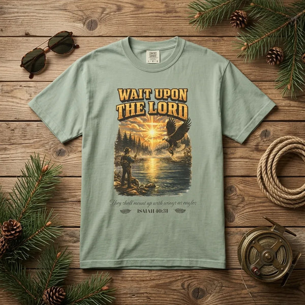 Wait Upon The Lord T-Shirt For Him — Isaiah 40:31 Christian Fishing Tee