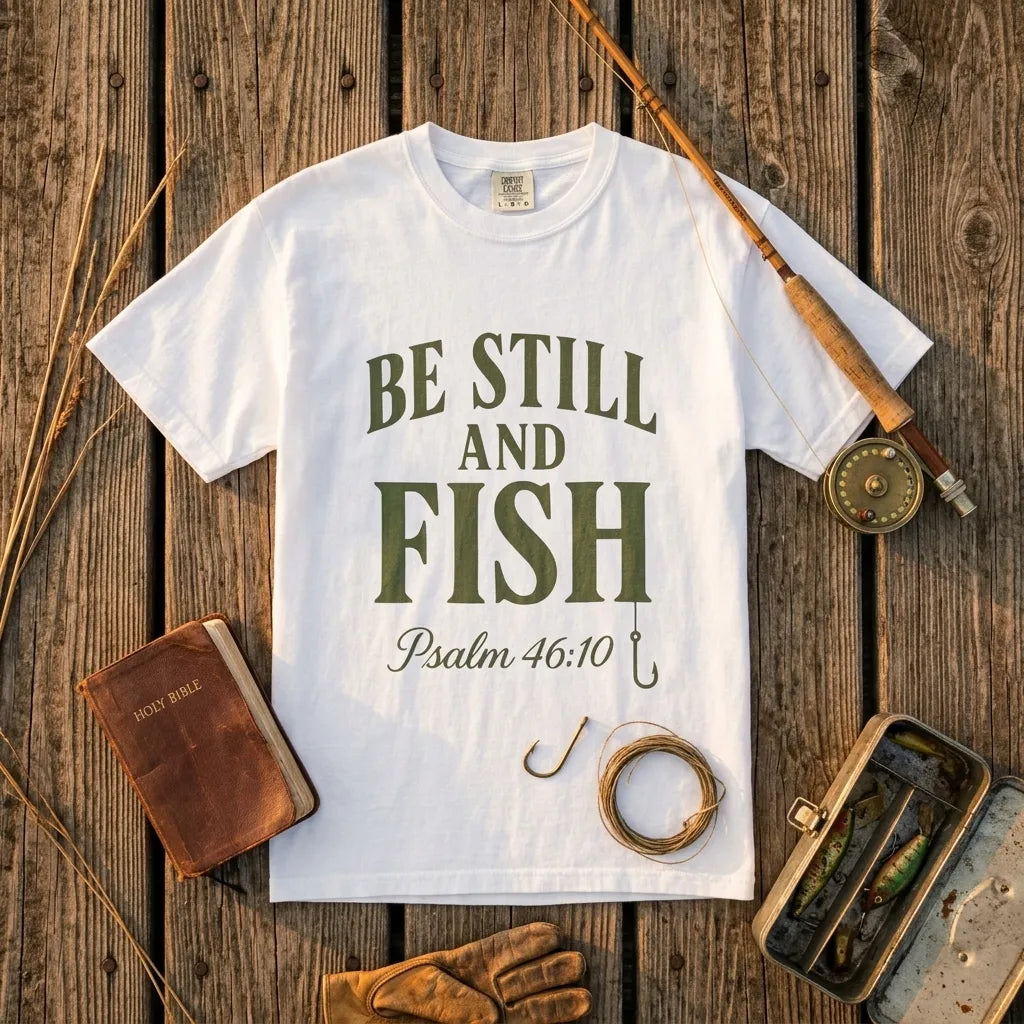 Be Still and Fish Garment-Dyed T-Shirt For Him — Psalm 46:10 Christian Fishing Tee (Comfort Colors)