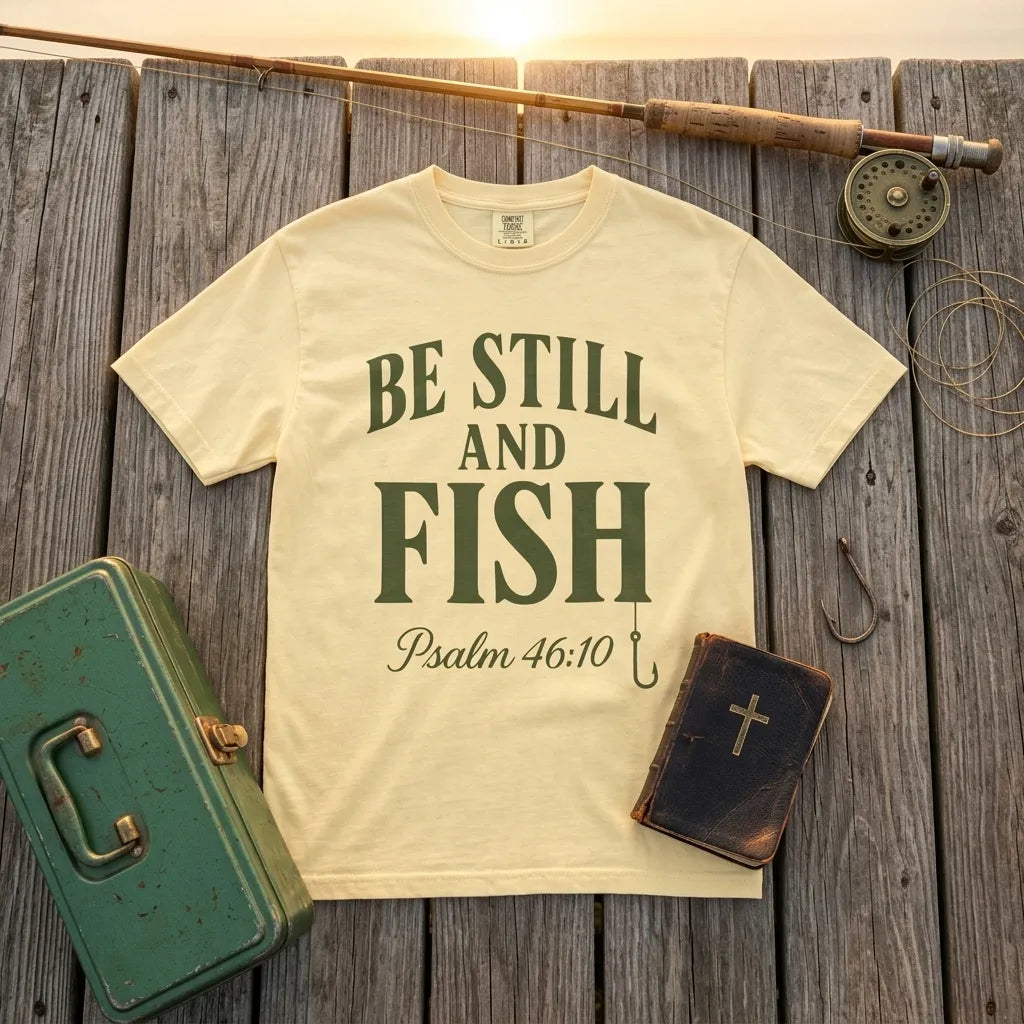Be Still and Fish Garment-Dyed T-Shirt For Him — Psalm 46:10 Christian Fishing Tee (Comfort Colors)
