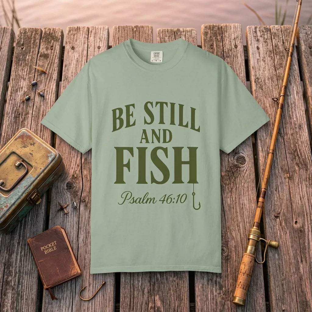 Be Still and Fish Garment-Dyed T-Shirt For Him — Psalm 46:10 Christian Fishing Tee (Comfort Colors)