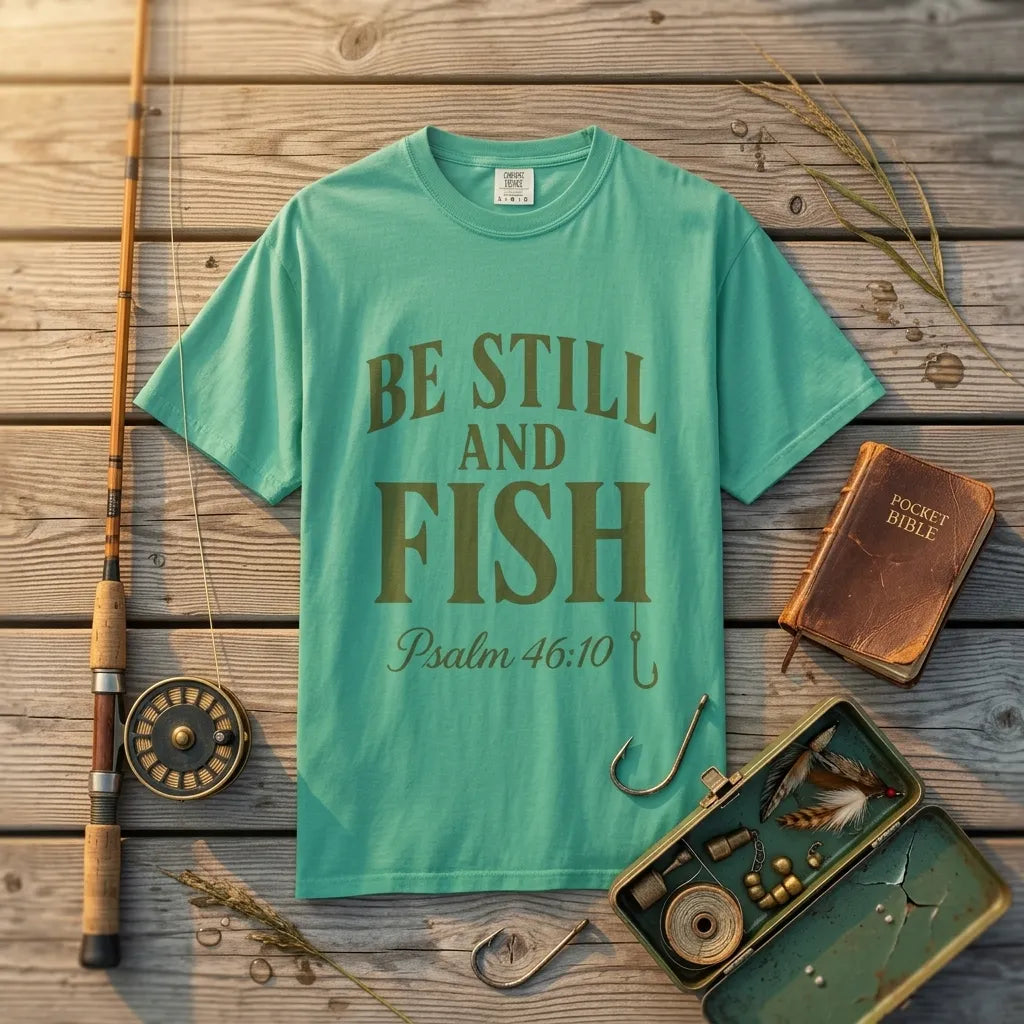 Be Still and Fish Garment-Dyed T-Shirt For Him — Psalm 46:10 Christian Fishing Tee (Comfort Colors)