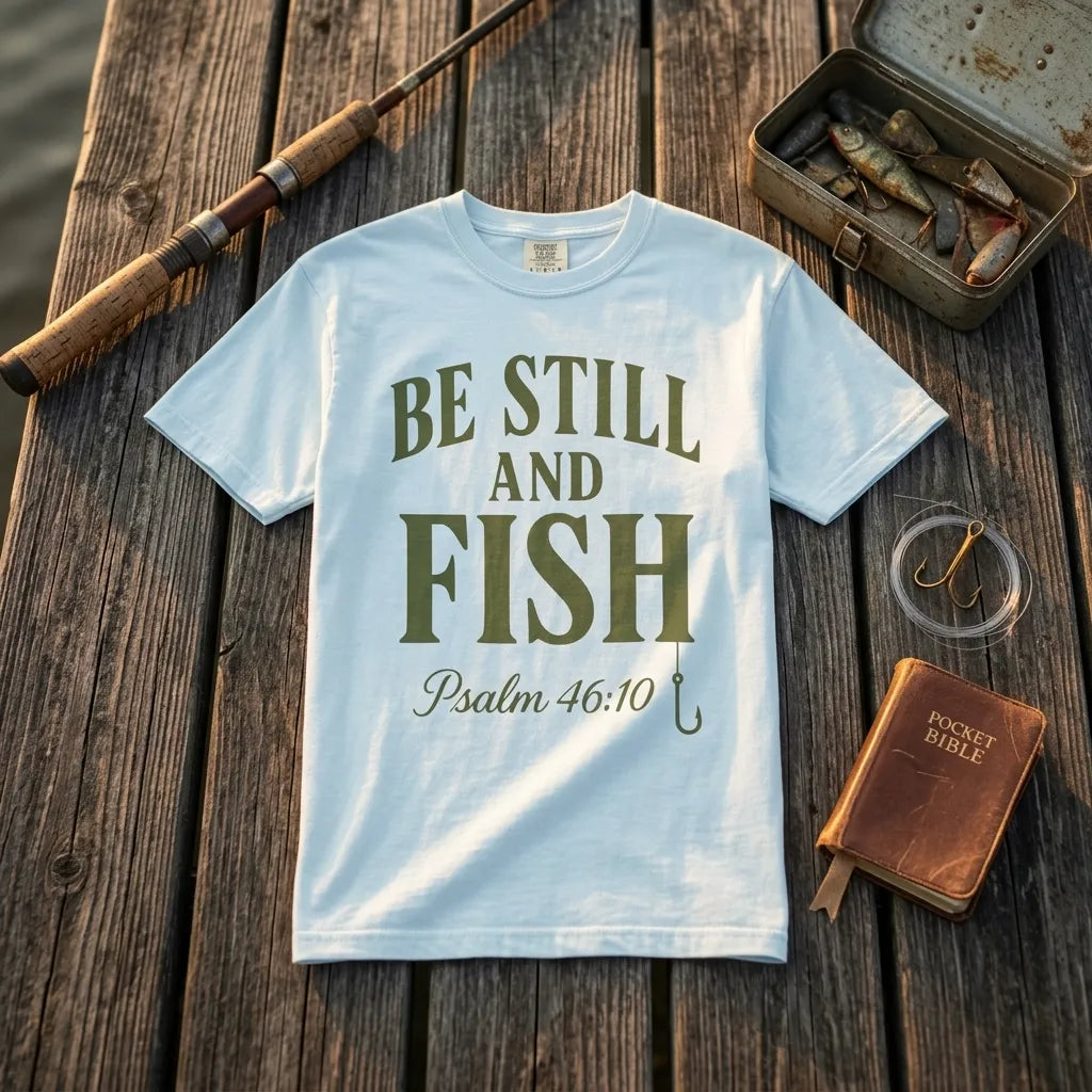 Be Still and Fish Garment-Dyed T-Shirt For Him — Psalm 46:10 Christian Fishing Tee (Comfort Colors)