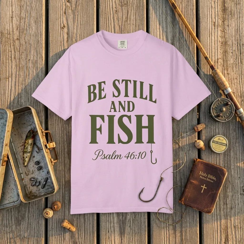 Be Still and Fish Garment-Dyed T-Shirt For Him — Psalm 46:10 Christian Fishing Tee (Comfort Colors)