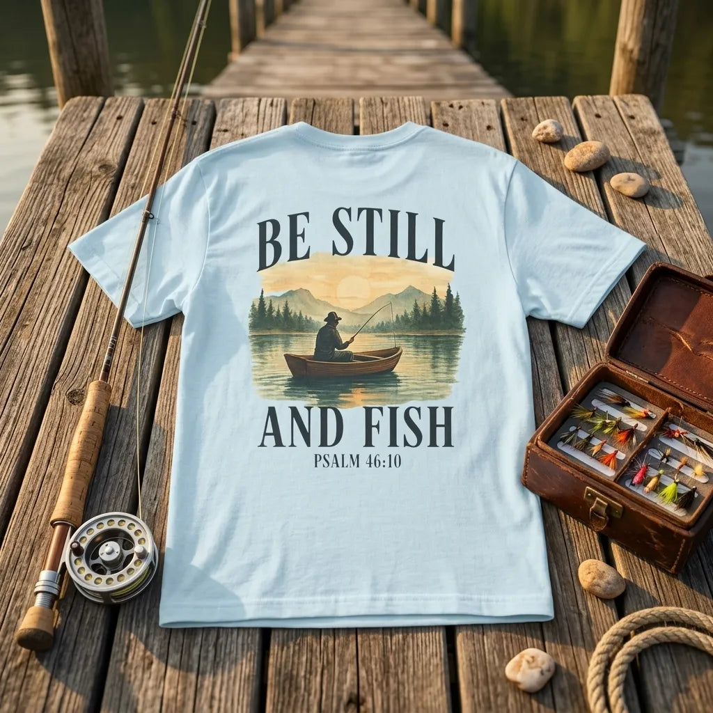 Be Still and Fish T-Shirt For Him — Psalm 46:10 Christian Fishing Graphic Tee