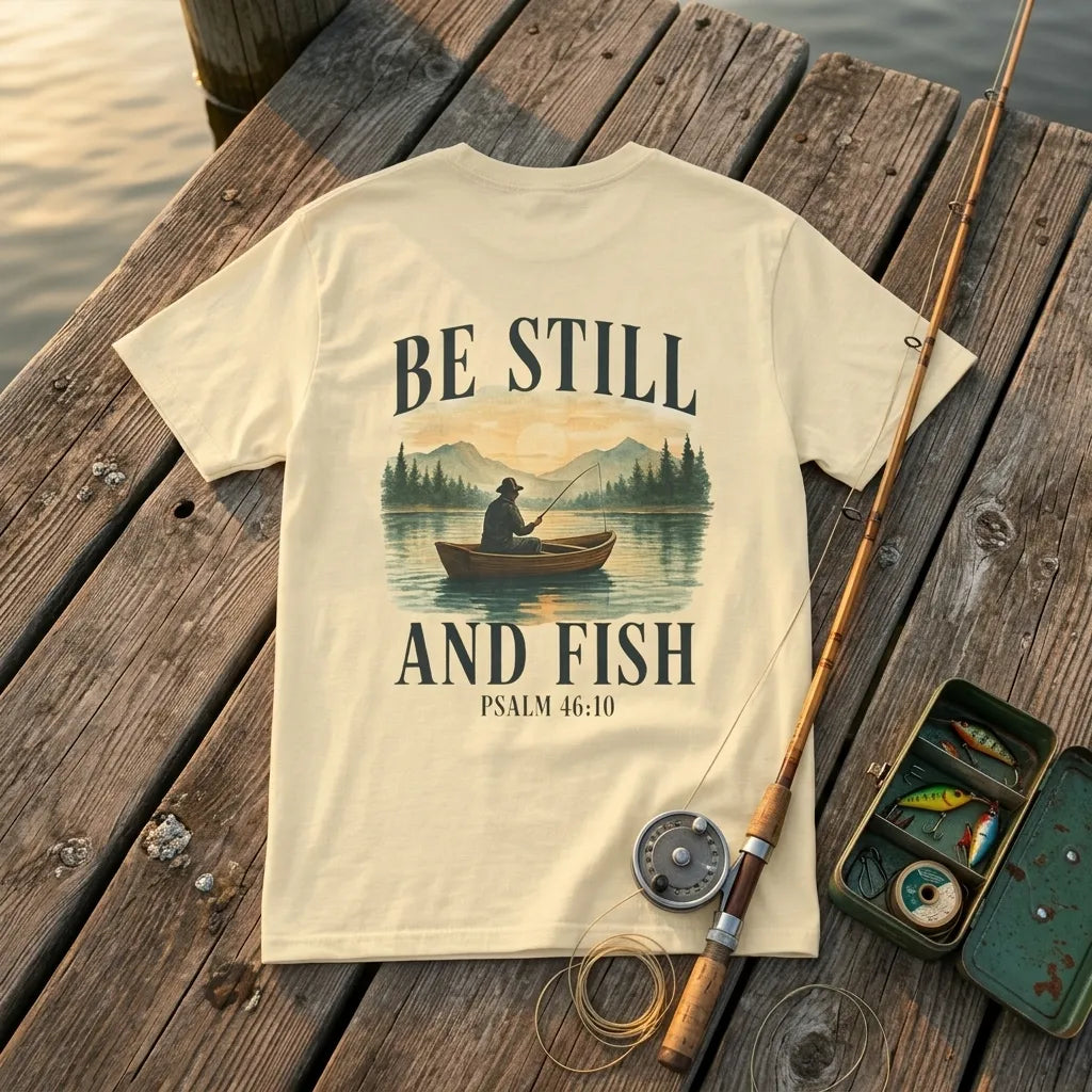 Be Still and Fish T-Shirt For Him — Psalm 46:10 Christian Fishing Graphic Tee