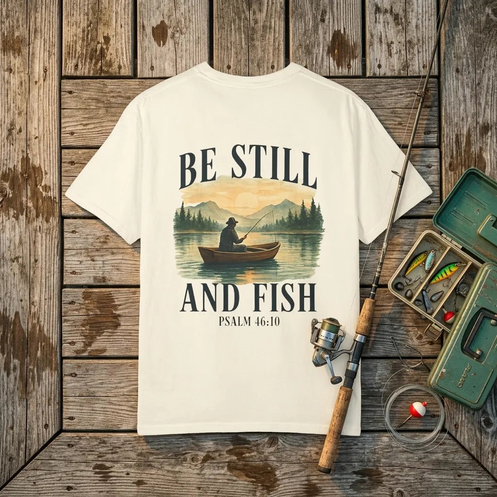 Be Still and Fish T-Shirt For Him — Psalm 46:10 Christian Fishing Graphic Tee